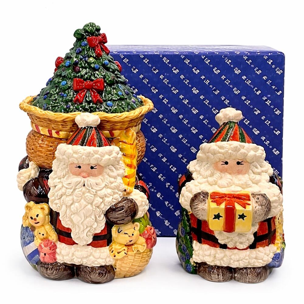 Fitz & Floyd Homespun Holidays Santa Cookie Jar & Lidded Box Set w Orig Boxes